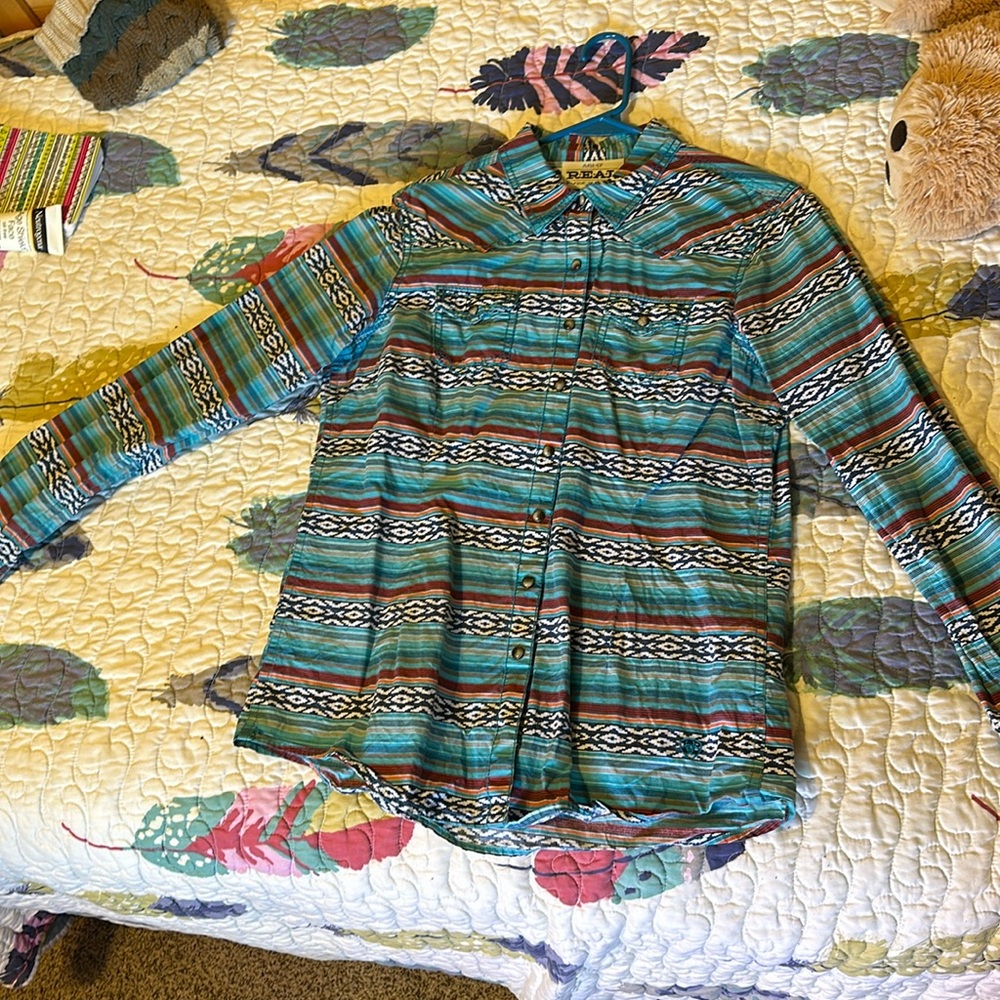 Ariat Pearl Snap Button Up — Turquoise Serape M